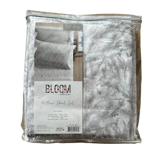Bloom Collection Floral Cal King 6 Piece Sheet Set Ashlyn Gray and White New
